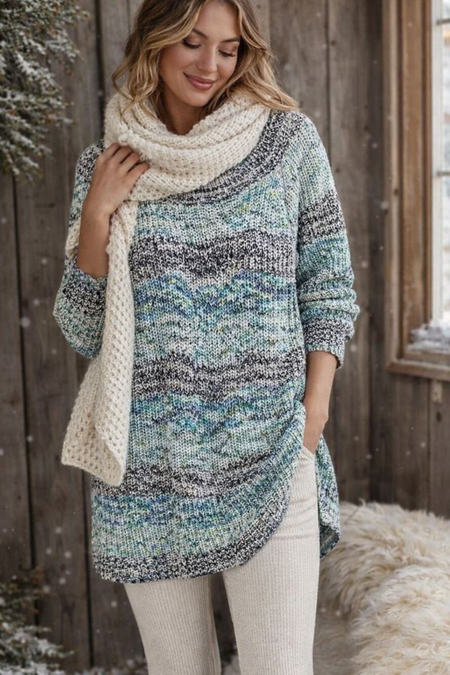 J Jill Marled Open Knit Tunic Sweater Size XL Cotton Blue Green Boho Winter Cozy